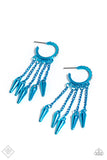 Strands of metallic blue chain are embellished with low-hanging metallic blue spikes from a rhinestone-encrusted metallic blue hoop for a punk-inspired statement. Earring attaches to a standard post fitting. Hoop measures approximately 3/4" in diameter.  Sold as one pair of hoop earrings.