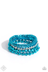 Featuring a metallic blue hue, a collection of faceted beaded strands, a rounded box chain strand, and white rhinestones pressed in metallic blue fittings coalesce around the wrist for a punk-inspired stack.  Sold as one set of four bracelets.