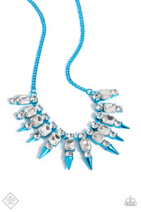 Bordering an emerald-cut white gem, round white gems are pronged in place along electric blue frames that gradually add on metallic blue spikes as they coalesce towards the center of the neckline for an intense, electric fringe. Features an adjustable clasp closure.  Sold as one individual necklace. Includes one pair of matching earrings.