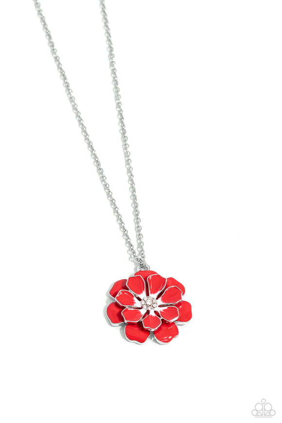 Featuring a rhinestone-dusted center, a collection of red-white-tipped petals blooms against a larger three-dimensional red flower frame for a whimsically colorful pendant. Features an adjustable clasp closure.  Sold as one individual necklace. Includes one pair of matching earrings.