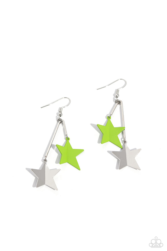 Dangling from a staggered, v-shaped silver bar, a curved Kohlrabi-painted and metallic silver star cascade down the ear for a starstruck fashion. Earring attaches to a standard fishhook fitting.   Featured inside The Preview at Made for More! Sold as one pair of earrings.