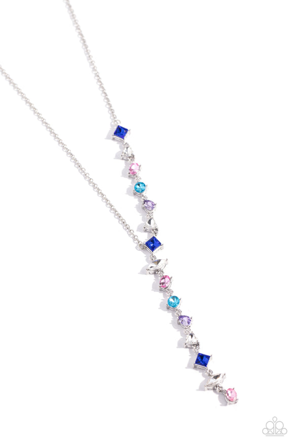 Featuring a pronged fitting, a collection of multicolored square-cut, heart, oval, round, and teardrop gems cascade down the neckline in a diagonal pattern, creating an intense, incandescent statement piece. Features an adjustable clasp closure.  Sold as one individual necklace. Includes one pair of matching earrings.
