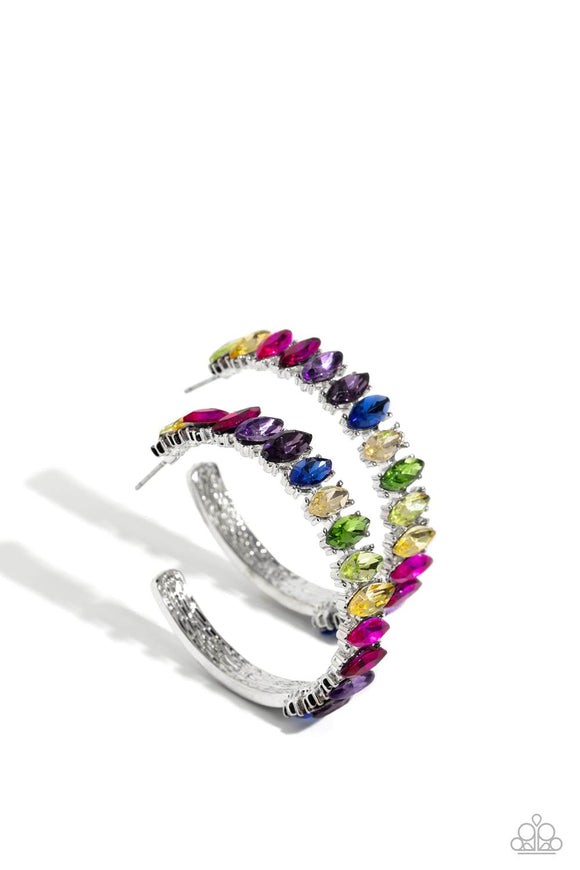 Dazzling colorful marquise-cut gems fall in line along the front edge of a classic silver hoop. The exposed edges create a gritty silhouette, beautifully contrasting with the blinding shimmer of the gems in a stunning finish. Earring attaches to a standard post fitting. Hoop measures approximately 1 1/2