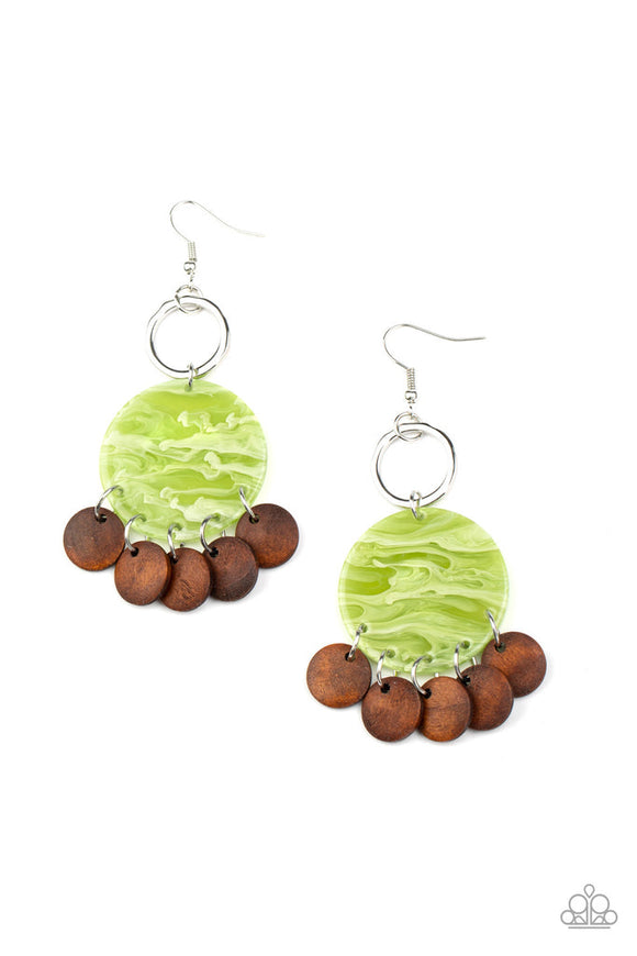 Brown wooden discs dangle from the bottom of a green acrylic frame that attaches to a shimmery silver ring, creating a beach inspired look. Earring attaches to a standard fishhook fitting.  Sold as one pair of earrings.
