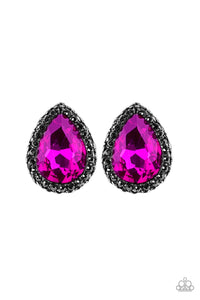 Encrusted in a ring of glittery hematite rhinestones, an overly dramatic pink teardrop gem is pressed into a textured silver frame for a grunge-glamorous look. Earring attaches to a standard post fitting.  Sold as one pair of post earrings.