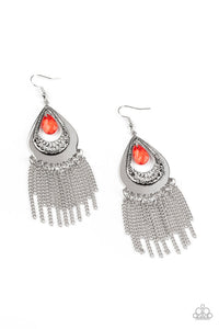 Silver Earrings with a red bead in the center and silver chain tassles