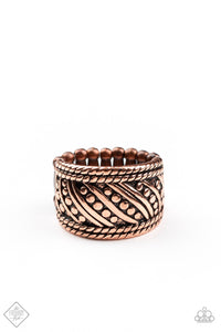 Studded and smooth copper bars delicately slant across the finger between a border of copper rope-like texture, coalescing into a rustic band. Features a stretchy band for a flexible fit.  Sold as one individual ring.