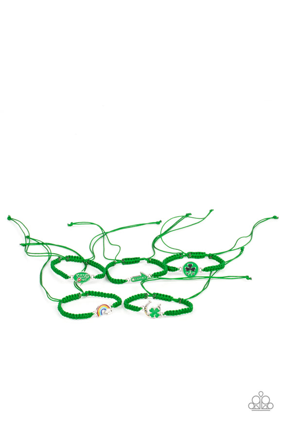 Pack of 5 bracelets in assorted colors and shapes. The green corded bracelets feature St. Patrick's Day inspired centerpieces that include a rainbow, a horseshoe, 