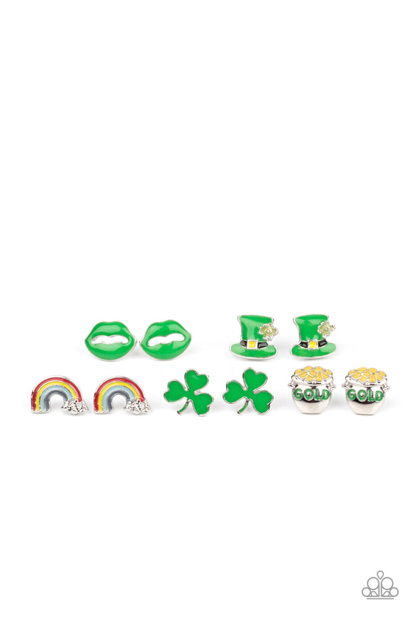Five pairs of earrings in assorted colors and shapes. The St. Patrick's Day frames includes pairs of rainbows, clovers, pots of gold, top hats, and lips. Earrings attach to standard post fittings.