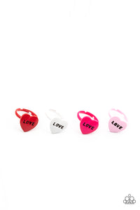 Five rings in assorted colors and shapes. Stamped in the word, "love," the flirty Valentine's day inspired rings vary in shades of dark pink, light pink, red, and white.