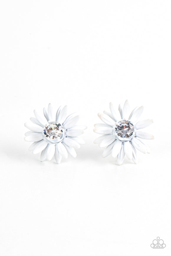 Layers of white petals fan out from an oversized white rhinestone fitting, blooming into a sparkly floral centerpiece. Earring attaches to a standard post fitting. Sold as one pair of post earrings.