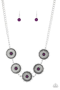 Infused with shiny plum beaded centers, ornate floral stamped frames link below the collar for a colorfully, seasonal look. Features an adjustable clasp closure.  Sold as one individual necklace. Includes one pair of matching earrings.