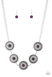 Infused with shiny plum beaded centers, ornate floral stamped frames link below the collar for a colorfully, seasonal look. Features an adjustable clasp closure.  Sold as one individual necklace. Includes one pair of matching earrings.