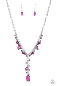 Mismatched polished purple beads, crystal-like beads, and faceted silver beads dance along a shimmery silver chain. Matching beading trickles along a single silver chain, creating a romantic extended pendant below the collar. Features an adjustable clasp closure.  Sold as one individual necklace. Includes one pair of matching earrings.