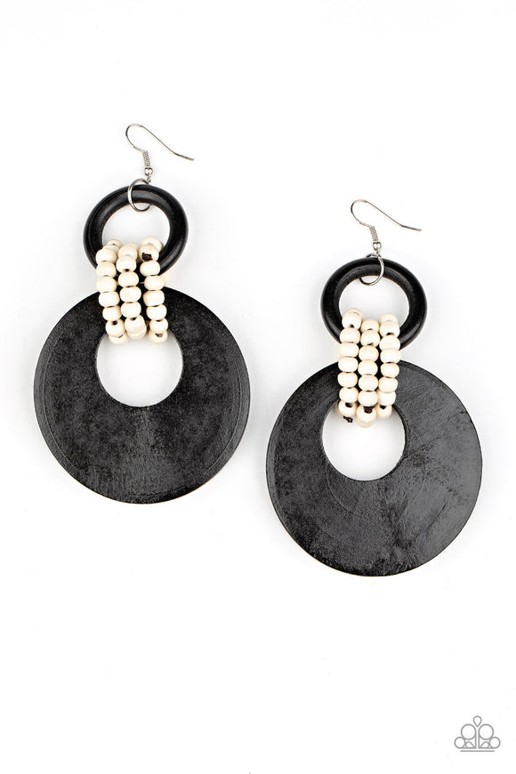 White wooden beaded links connect together a black wooden ring and an oversized black wooden crescent-like hoop, creating a uniquely earthy lure. Earring attaches to a standard fishhook fitting.  Sold as one pair of earrings.